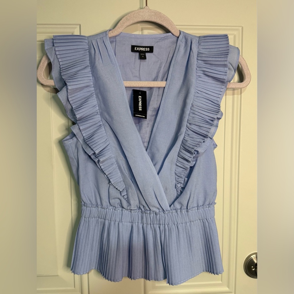 Express Blue‎ Pleated Ruffle Sleeve Peplum Blouse NWT XS